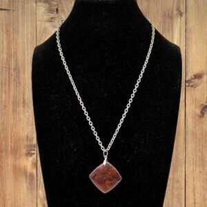 Reddish Mahagony Colored Pendant Necklace Silver Tone Chain